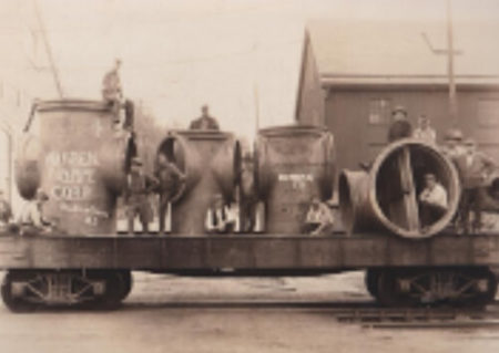 Giuseppe Durazzi is third from right, atop the large pipe - 1925